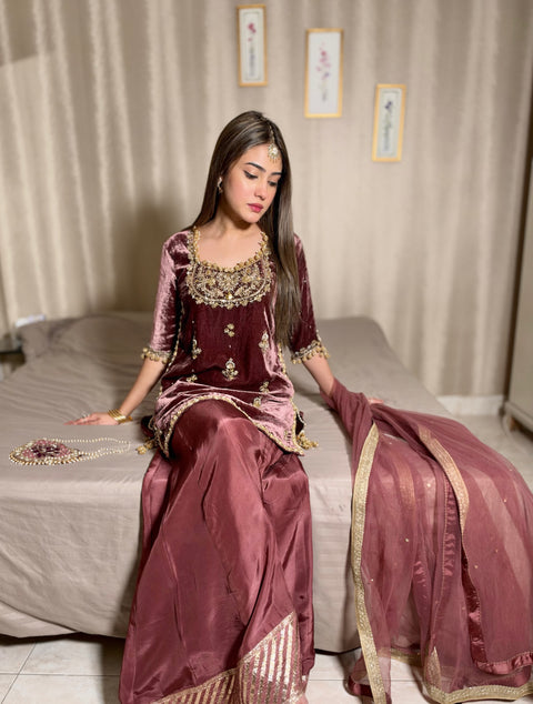 Antique Pink Velvet outfit.