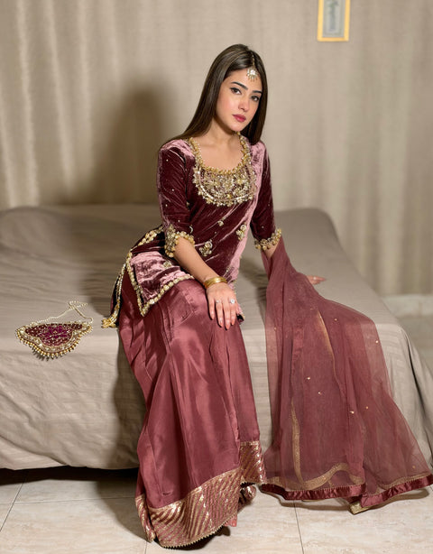 Antique Pink Velvet outfit.