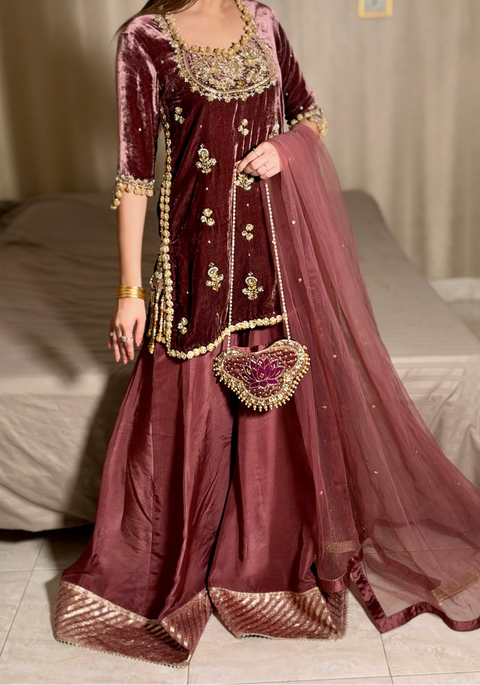 Antique Pink Velvet outfit.