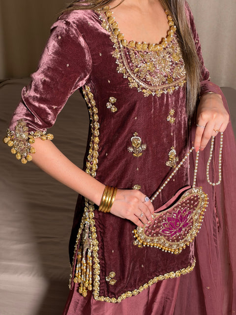 Antique Pink Velvet outfit.
