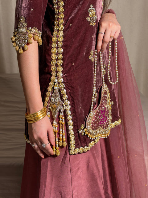 Antique Pink Velvet outfit.